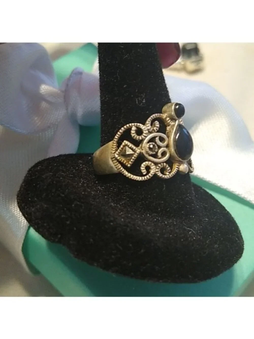 Sterling Silver Onyx + Marcasite Ring, Size 6.5